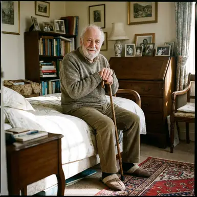 Älterer Herr sitzt entspannt auf der Bettkante