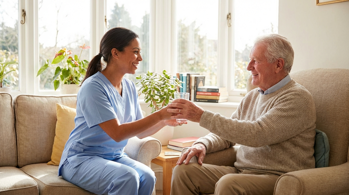 Freundliche Pflegekraft reicht einem lächelnden Senior ein Glas Wasser in einem hellen Wohnzimmer