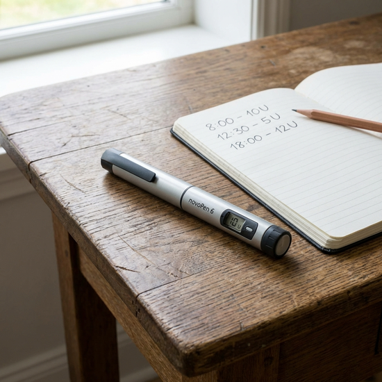 Ein moderner Insulin-Pen liegt ordentlich neben einem Notizbuch auf einem Holztisch