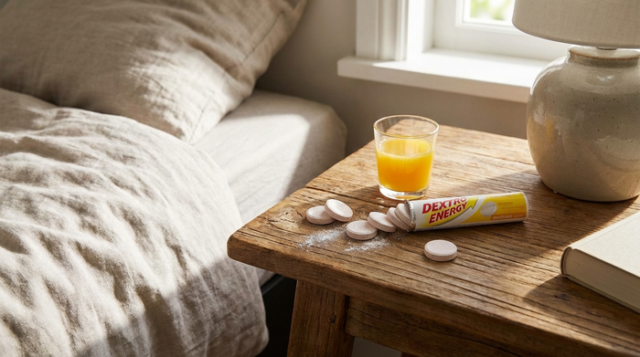 Ein paar Traubenzucker-Plättchen und ein kleines Glas Orangensaft auf einem Nachttisch neben einem Bett