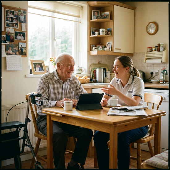 Senior im Gespräch mit einer ambulanten Pflegekraft am Küchentisch
