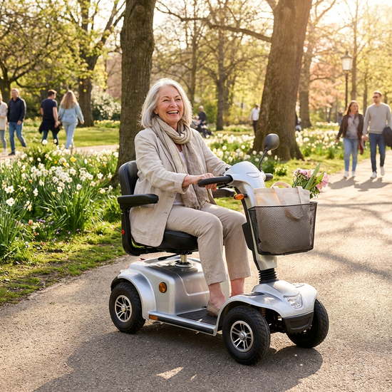 Ältere Dame fährt entspannt mit einem modernen Elektromobil durch einen sonnigen Park