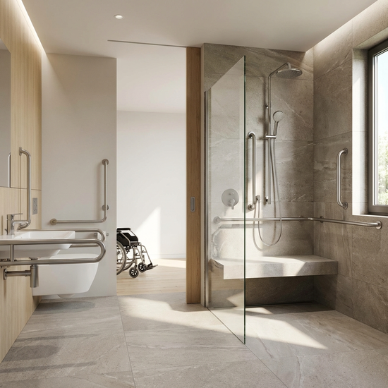Modernes, barrierefreies Badezimmer mit ebenerdiger Dusche und stabilen Haltegriffen