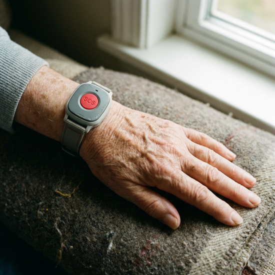 Nahaufnahme eines Hausnotruf-Armbands am Handgelenk eines Seniors