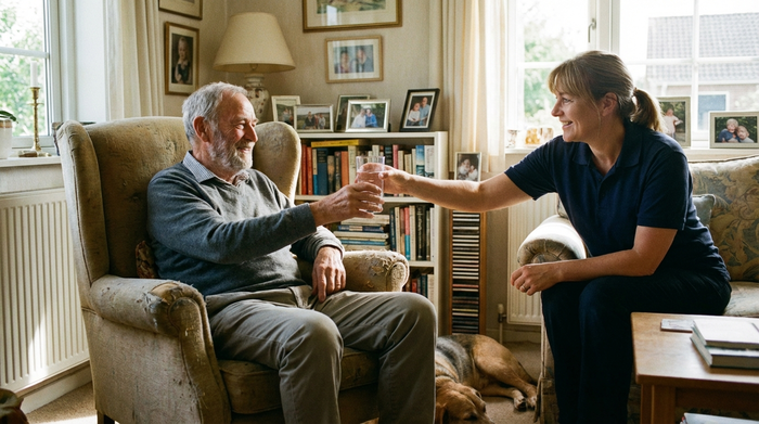 Älterer Herr sitzt entspannt im Sessel, während eine freundliche Pflegerin ihm ein Glas Wasser reicht