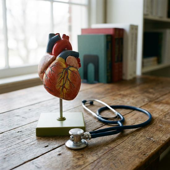 Herzmodell auf einem Tisch neben Stethoskop