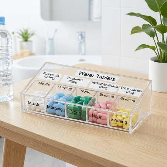 Verschiedene Wassertabletten in einem übersichtlichen Tablettenspender