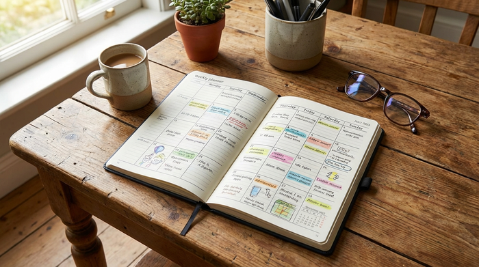 Übersichtlicher Wochenplaner auf einem Tisch