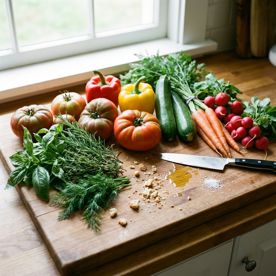 Frisches Gemüse und Kräuter auf einem Schneidebrett