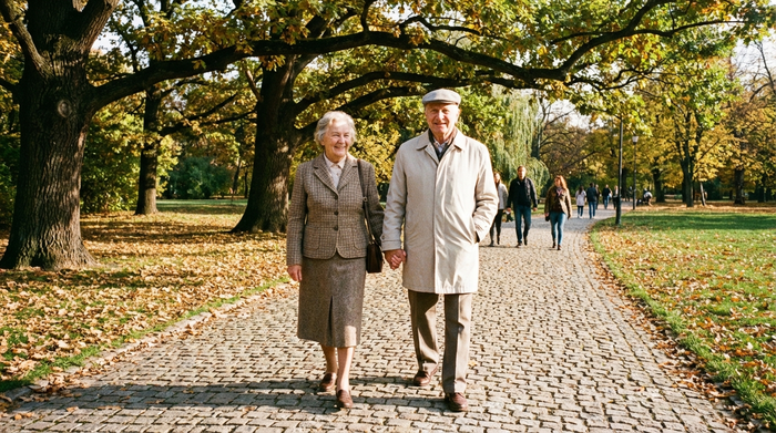 Älteres Ehepaar geht Hand in Hand sicher auf einem gepflasterten Weg in einem hellen Park spazieren
