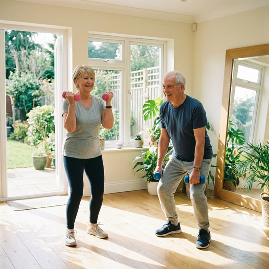 Zwei Senioren machen leichte Gymnastikübungen mit kleinen Hanteln in einem hellen Raum