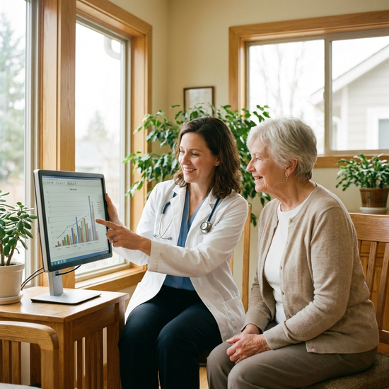 Freundliche Ärztin bespricht Untersuchungsergebnisse mit einer aufmerksamen Seniorin in einer hellen Praxis