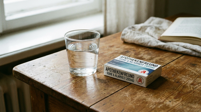 Ein Glas stilles Wasser und eine Medikamentenschachtel auf einem sauberen Holztisch