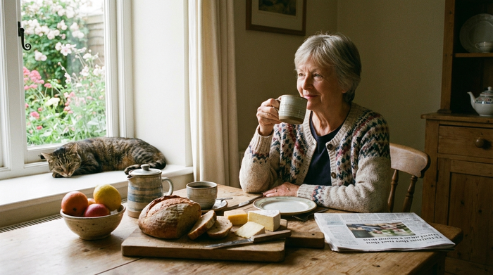 Seniorin sitzt aufrecht und entspannt am Frühstückstisch