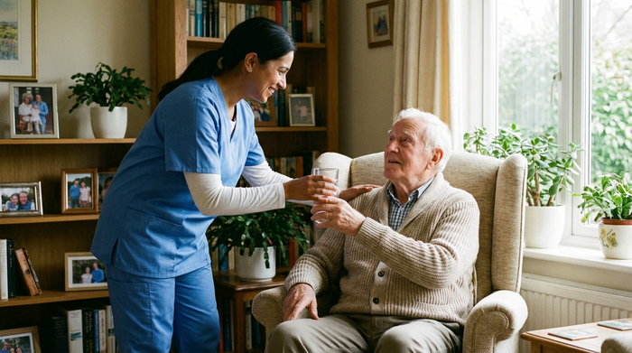 Einfühlsame Pflegekraft reicht einem älteren Herrn ein Glas Wasser