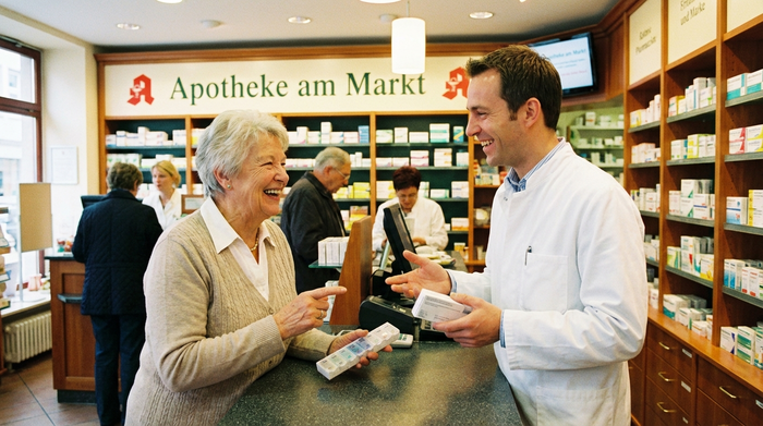 Seniorin und Apotheker im freundlichen Gespräch über Medikamente am Tresen