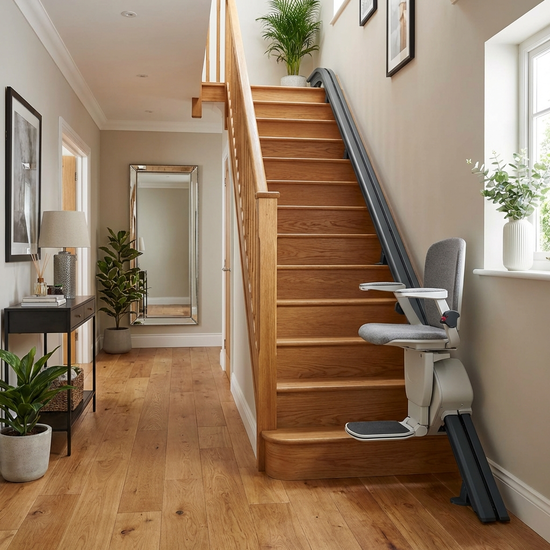 Moderner Treppenlift an einer geraden Holztreppe in einem gepflegten Flur