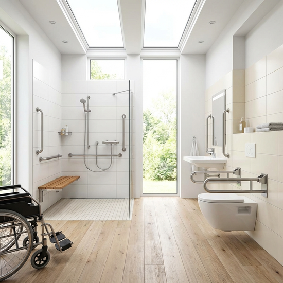 Helles, barrierefreies Badezimmer mit ebenerdiger Dusche und stabilen Haltegriffen