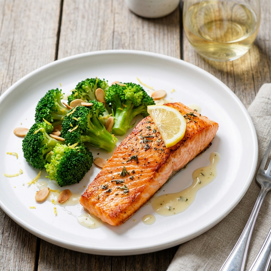 Frischer Lachs mit grünem Brokkoli auf einem weißen Teller