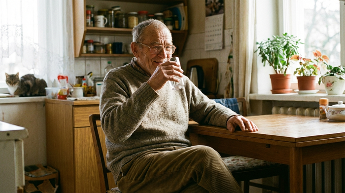 Älterer Herr sitzt entspannt am Küchentisch und trinkt ein Glas Wasser