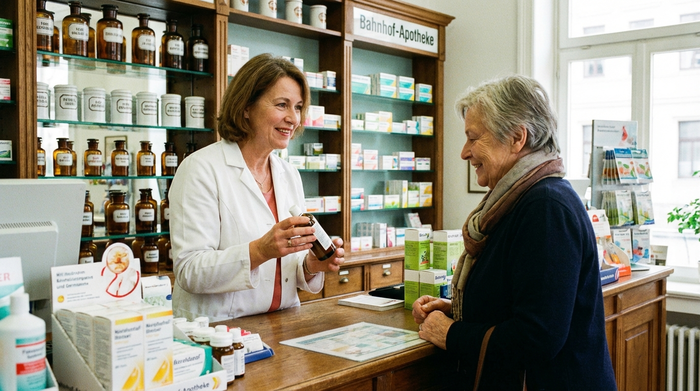 Apothekerin im weißen Kittel erklärt einer Kundin freundlich ein Produkt am Tresen