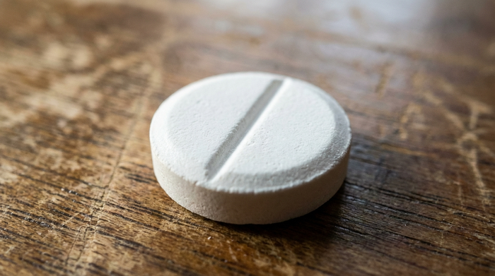 Nahaufnahme einer runden weißen Tablette mit einer deutlichen Kerbe in der Mitte auf einem Holztisch