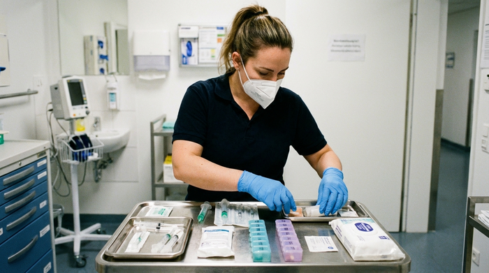 Eine Pflegerin trägt Schutzhandschuhe und bereitet sorgfältig Hilfsmittel vor