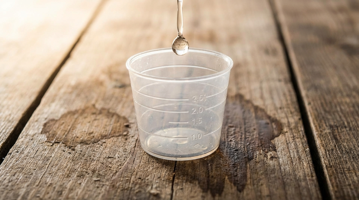 Tropfen in einem kleinen Dosierbecher auf einem Tisch