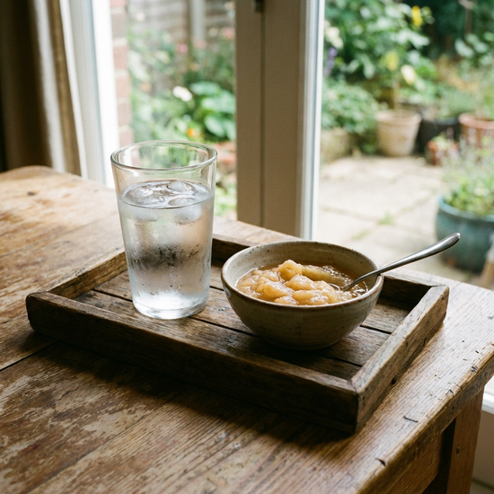 Ein Glas klares Wasser neben einem kleinen Schälchen mit Apfelmus auf einem Tablett