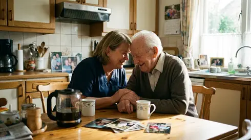 Pflegerin und Senior im vertrauensvollen Gespräch am Küchentisch