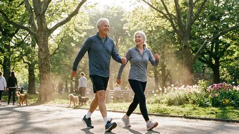 Zwei vitale Senioren beim gemeinsamen, zügigen Spaziergang im Park an einem sonnigen Tag