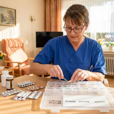 Pflegerin sortiert sorgfältig Medikamente in eine übersichtliche Dosierbox