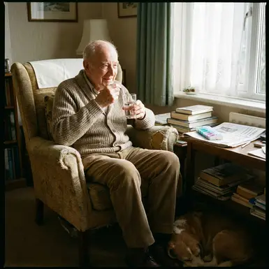Älterer Herr nimmt entspannt eine Tablette mit einem Glas Wasser ein