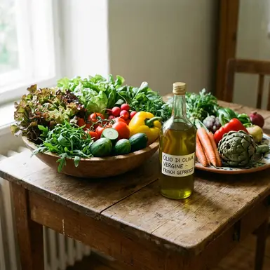Frischer Salat, Gemüse und eine Flasche Olivenöl auf einem rustikalen Küchentisch
