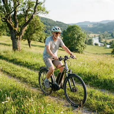 Aktiver Senior fährt entspannt mit seinem E-Bike durch eine grüne Landschaft