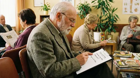 Älterer Patient macht sich Notizen auf einem Klemmbrett vor seinem Arztbesuch