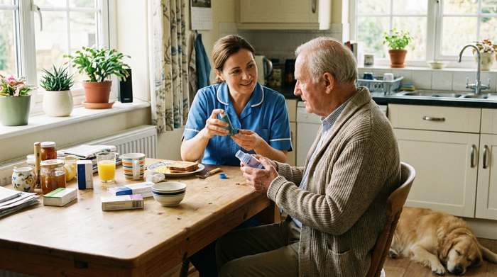 Freundliche Pflegerin erklärt älterem Herrn am Küchentisch geduldig die Anwendung eines Inhalators