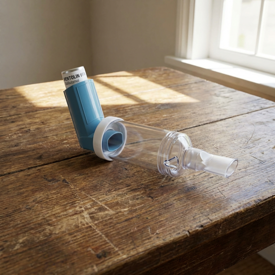 Klassisches Dosieraerosol mit aufgesteckter Vorschaltkammer (Spacer) auf einem Holztisch