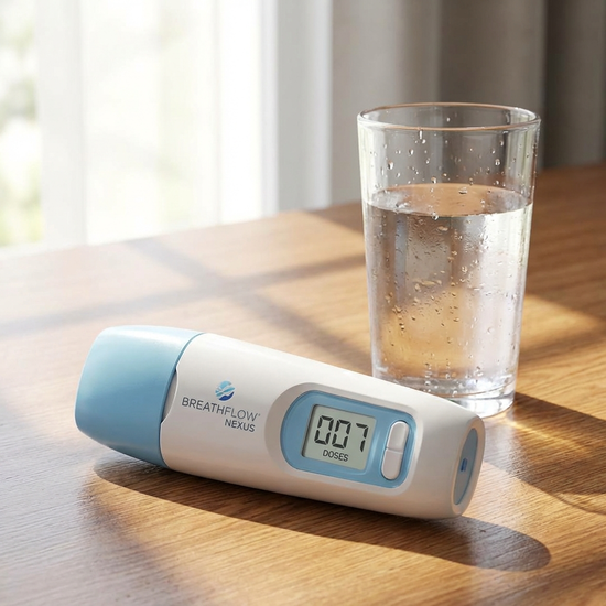 Moderner Pulverinhalator mit integriertem Zählwerk neben einem Glas Wasser