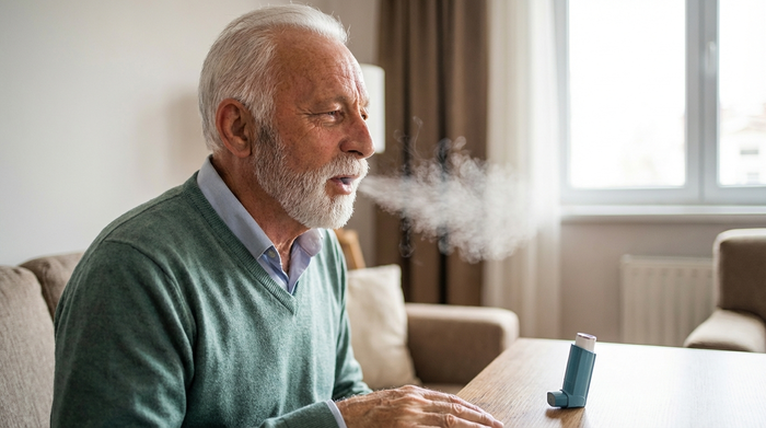 Senior atmet tief neben einem Inhalator aus