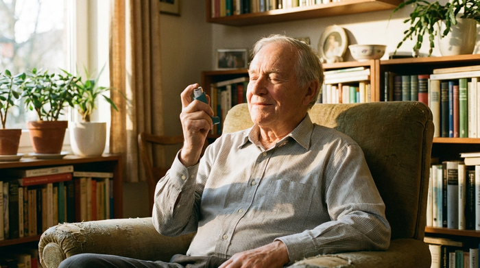 Senior hält nach der Inhalation entspannt den Atem an