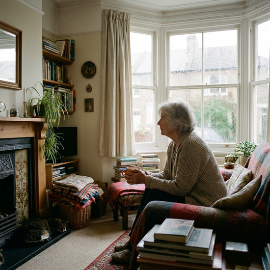 Ältere Dame blickt nachdenklich aus dem Fenster in einem gemütlichen Wohnzimmer