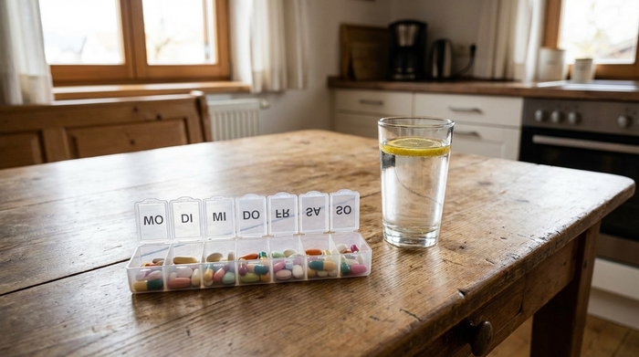 Wochendispenser mit sortierten Tabletten neben einem Glas Wasser auf einem Holztisch