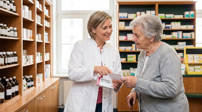 Apothekerin überreicht einer Seniorin ein Medikament und erklärt die Einnahme
