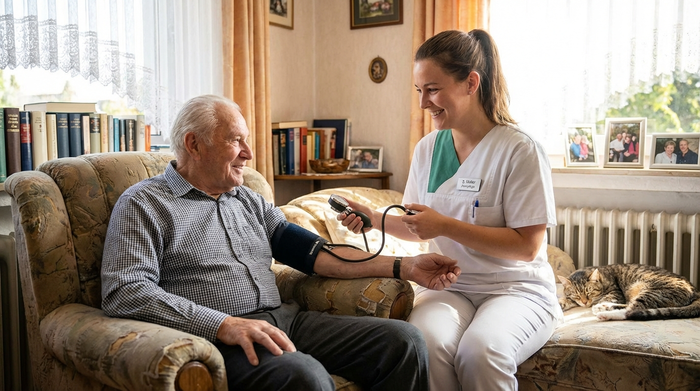 Pflegerin misst den Blutdruck eines älteren Herrn im Sessel