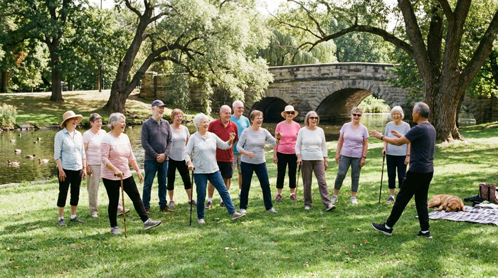 Senioren beim gemeinsamen, leichten Bewegungstraining im Park