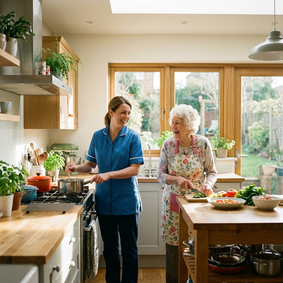 Pflegerin und Seniorin beim gemeinsamen Kochen in einer hellen Küche