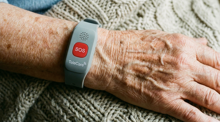 Nahaufnahme eines Hausnotruf-Armbands am Handgelenk eines Senioren