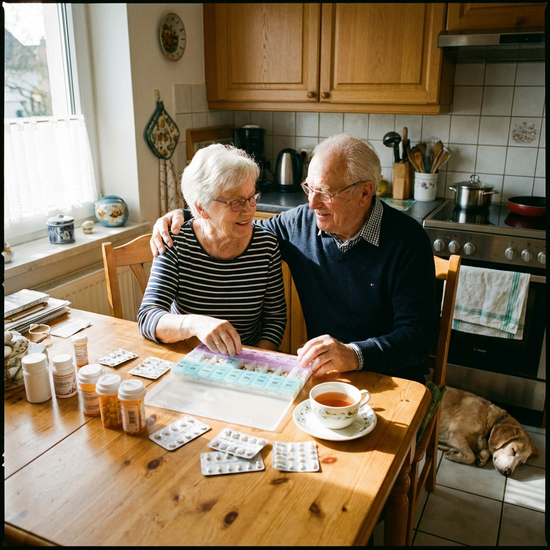 Seniorenpaar sitzt am Küchentisch und sortiert Medikamente in eine Tablettenbox