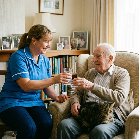 Pflegekraft reicht einem älteren Herrn ein Glas Wasser zur Medikamenteneinnahme